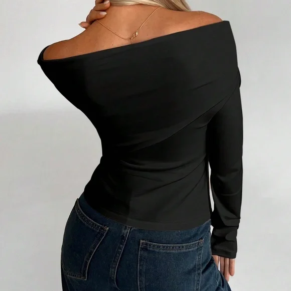 Solid Ruched Off Shoulder Fitted Long Sleeve Top - Picture 4 of 10